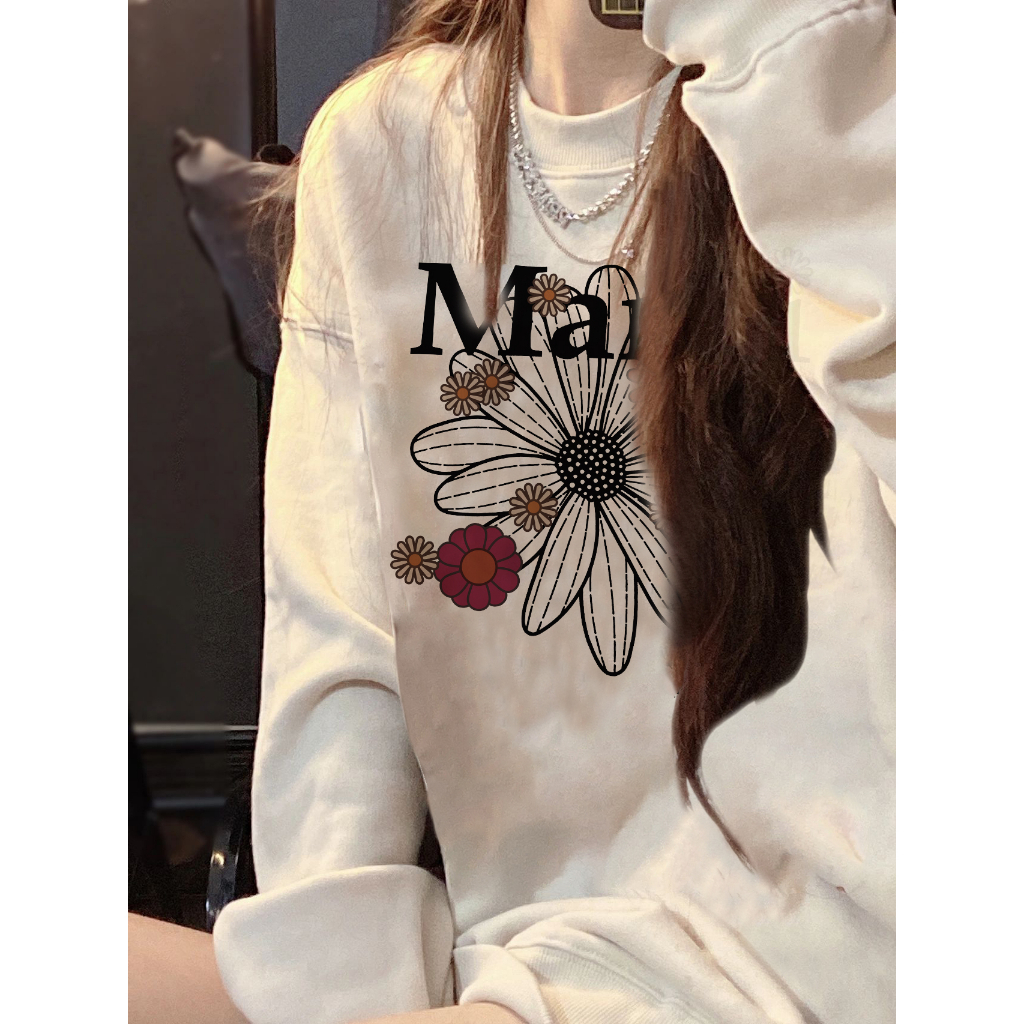 EUNII Sweater Lengan Panjang Cartoon Daisy Flower Printing Korean Style/Sweater Crop/Baju Wanita/Switer Wanita/Switer