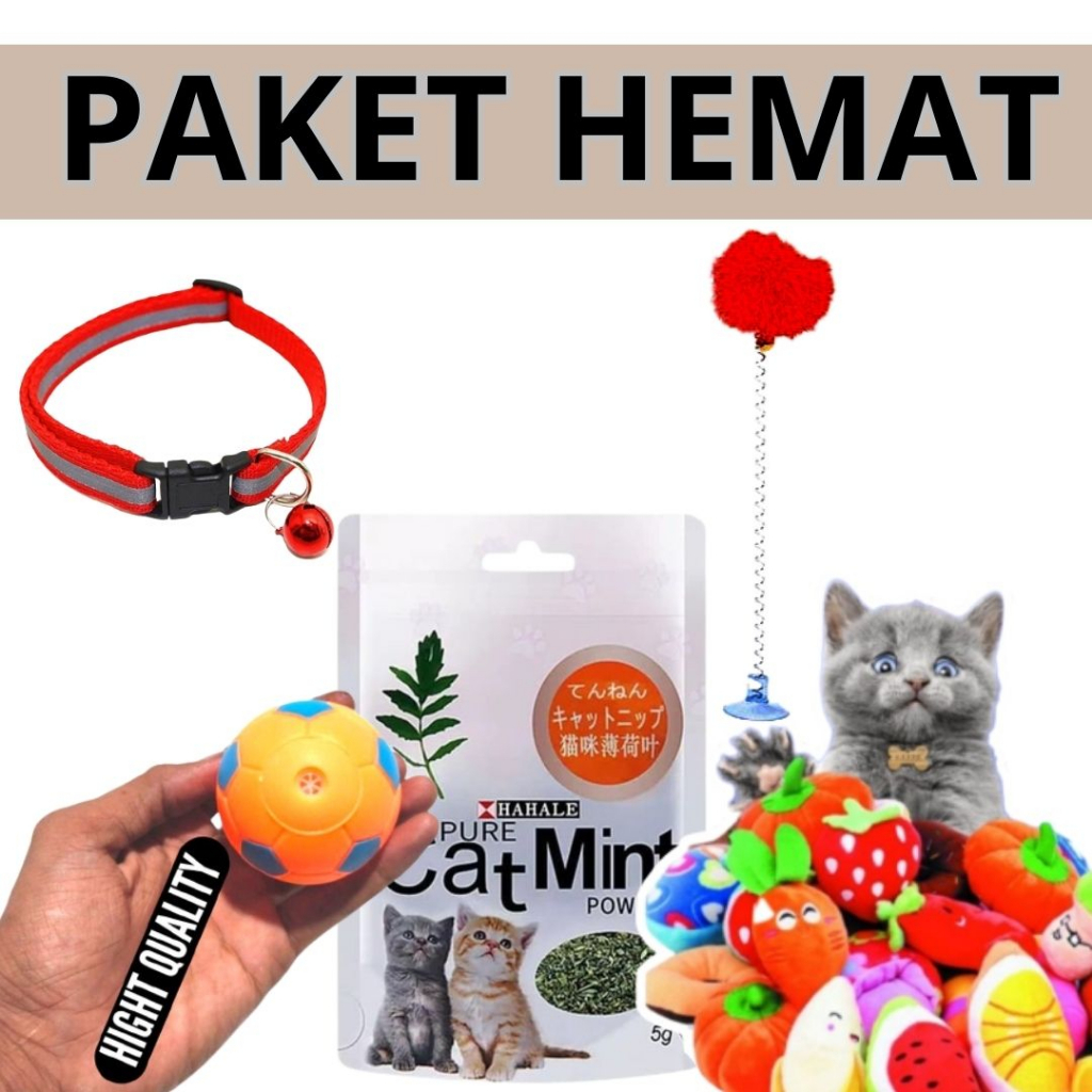 PAKET MAINAN KUCING MURAH - MAINAN KUCING KITTEN CATNIP IKAN + TONGKAT BULU LONCENG + TONGKAT TIKUS BULU + BOLA GIGI FEFARM