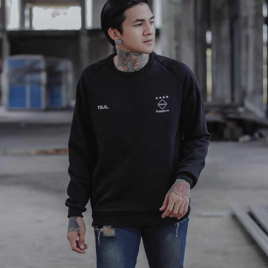 SWEATER CREWNECK cowok Sweatshirt Pria BOJIEL Hitam Polos seri BJSL141