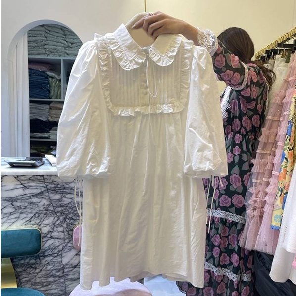 FW23-05605 Terusan Wanita.  Women's Lapel Fashion Folds Puff Sleeve Shirt Dress