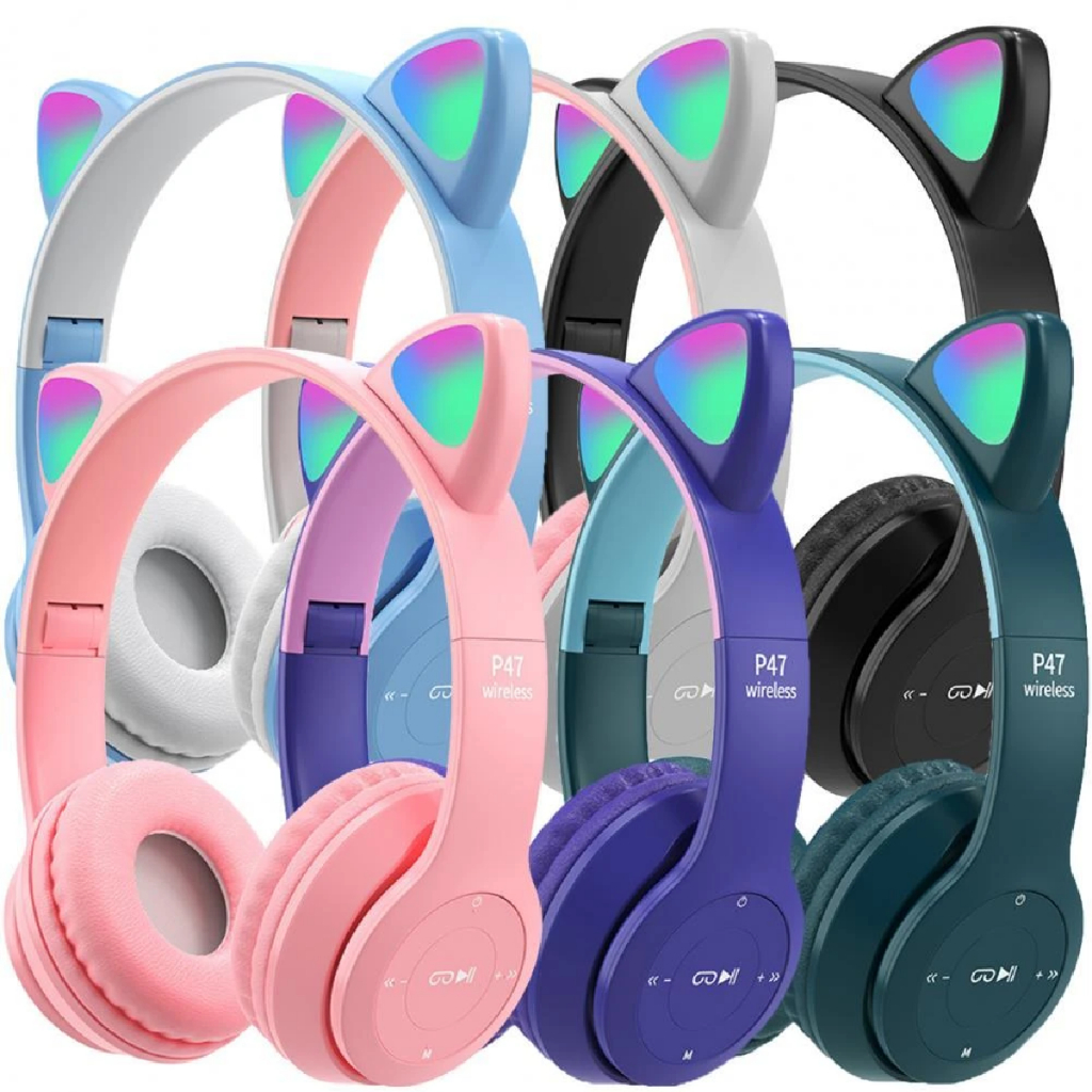 Headphone Headset Karakter Telinga Kucing Bluetooth Wireless Cute Cat Led P47