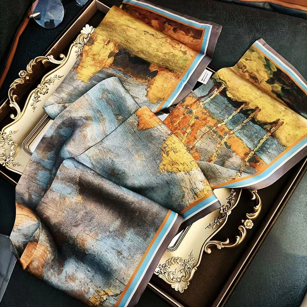 Syal sutra panjang wanita 2023 musim panas baru syal sutra kecil grosir pencetakan sutra imitasi diikat tas streamer manis syal kecil