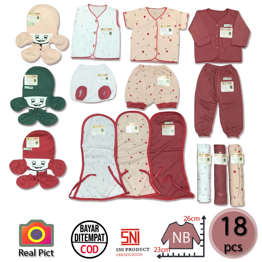 18 PCS Setelan Baju Bayi Celana Bayi Set Lengkap Kado Lahiran Bayi Baru Lahir Setelan Baju Bayi Bedong Popok Sarung Tangan Kaki Topi Gift Set Murah Dusty Pink Perempuan