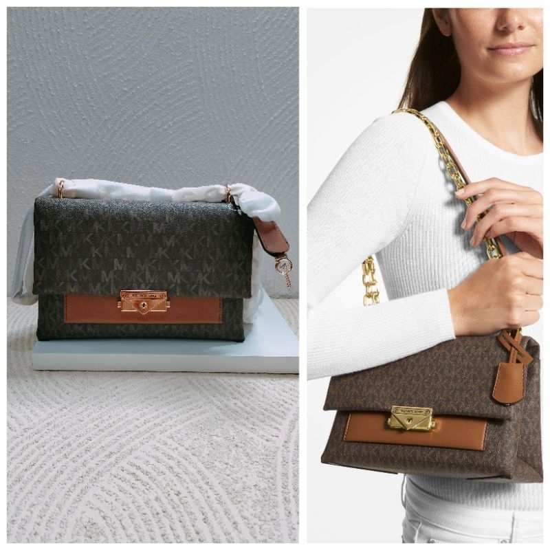 TAS WANITA MK CECE MEDIUM FLAP SHOULDER BAG SIGNATURE BROWN