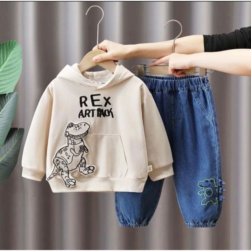 Promo setelan anak perempuan hoodie celana jeans terbaru motif t-rex usia 1 sampai 6 tahun baju anak perempuan pakaian anak perempuan