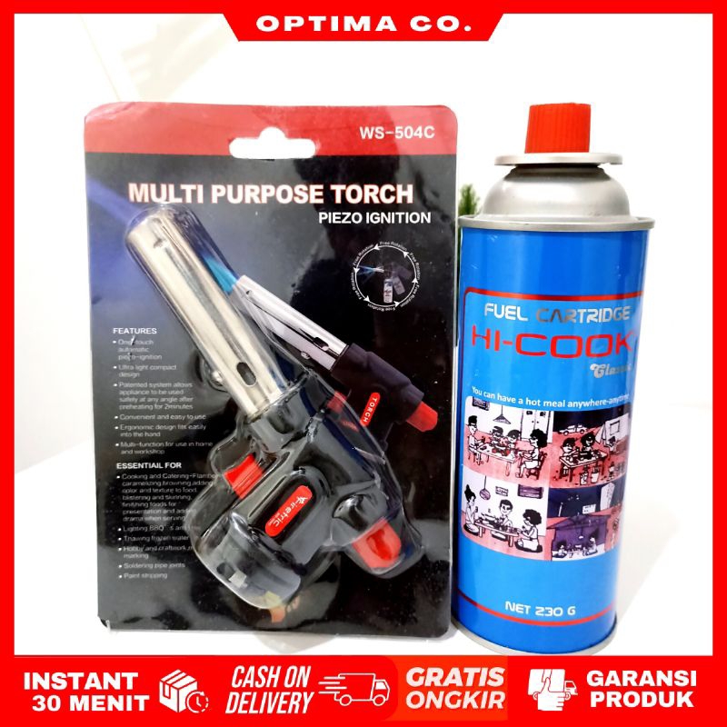 Torch Gas Portable + Hi Cook Gas Portable 230 Gr Refill Paket Gas Torch Gas Kaleng Blow Torch