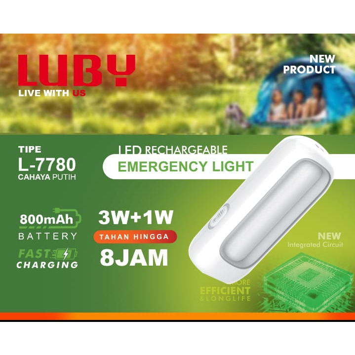 Luby Senter Lampu Emergency Super Terang L-7780 3W +1W Cahaya PUTIH Tahan 8JAM