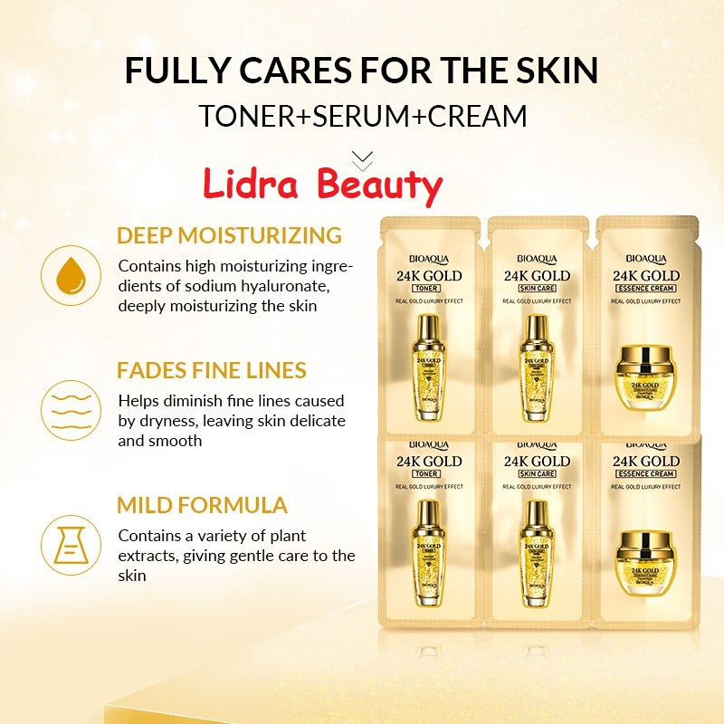 Lidra BPOM Bioaqua 24K Skincare Toner / Serum / Cream Travel Kit 1 Pcs