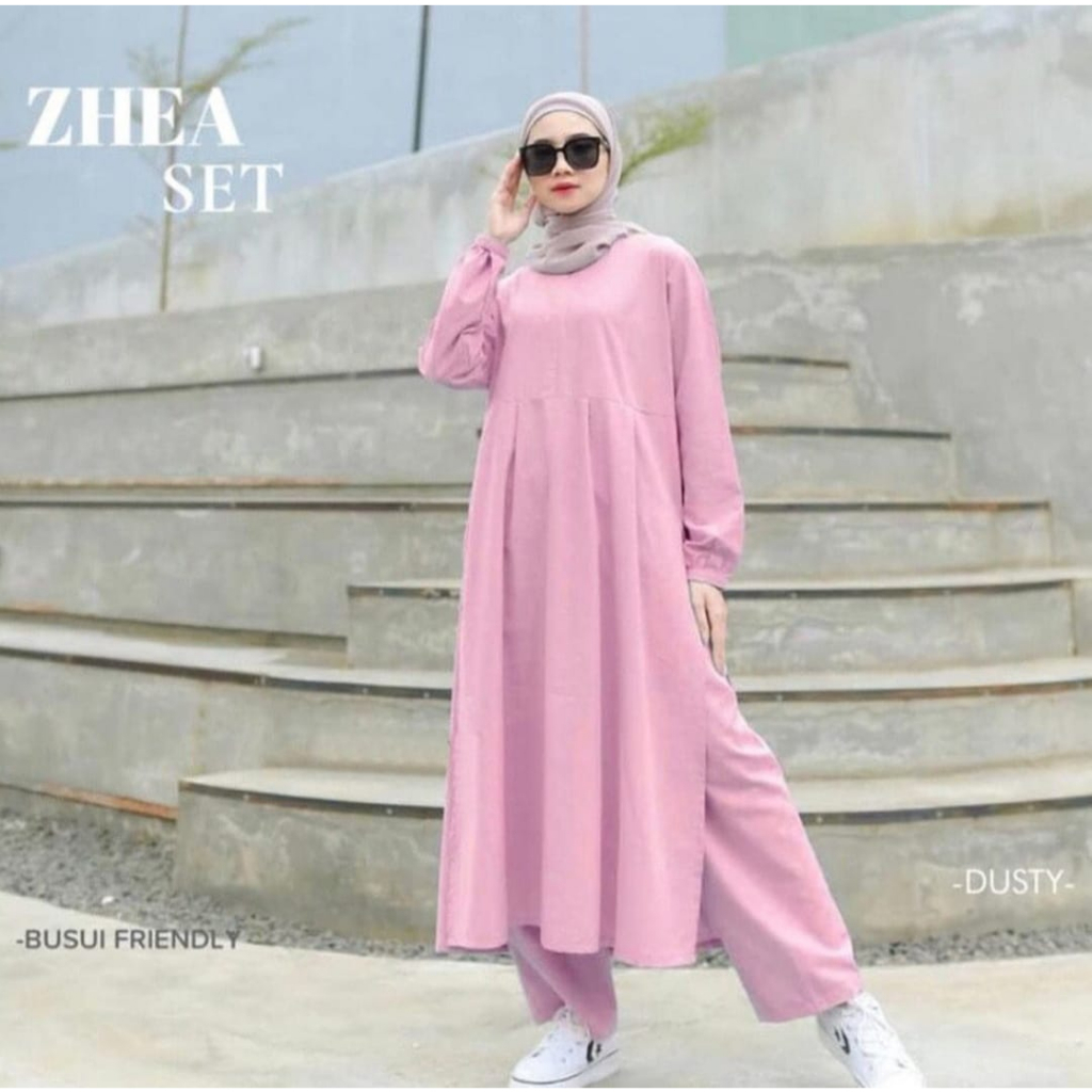 TERBARU Zhea Sett 2023 Setelan Wanita Masakini LD 120-110 Fit M-XL Pakaian Muslim Cewek Kekinian Outfit Cantik Muslimah Fashion Women Terkini Baju Stelan Cantik