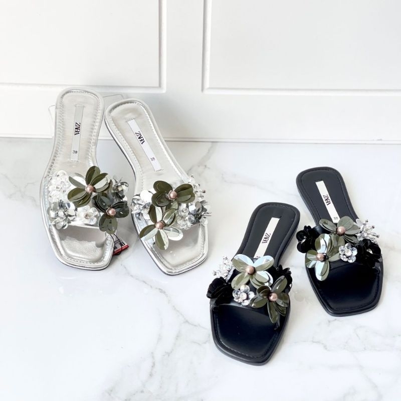 ZS625 Sandal Flat Wanita Zara Flower Selop
