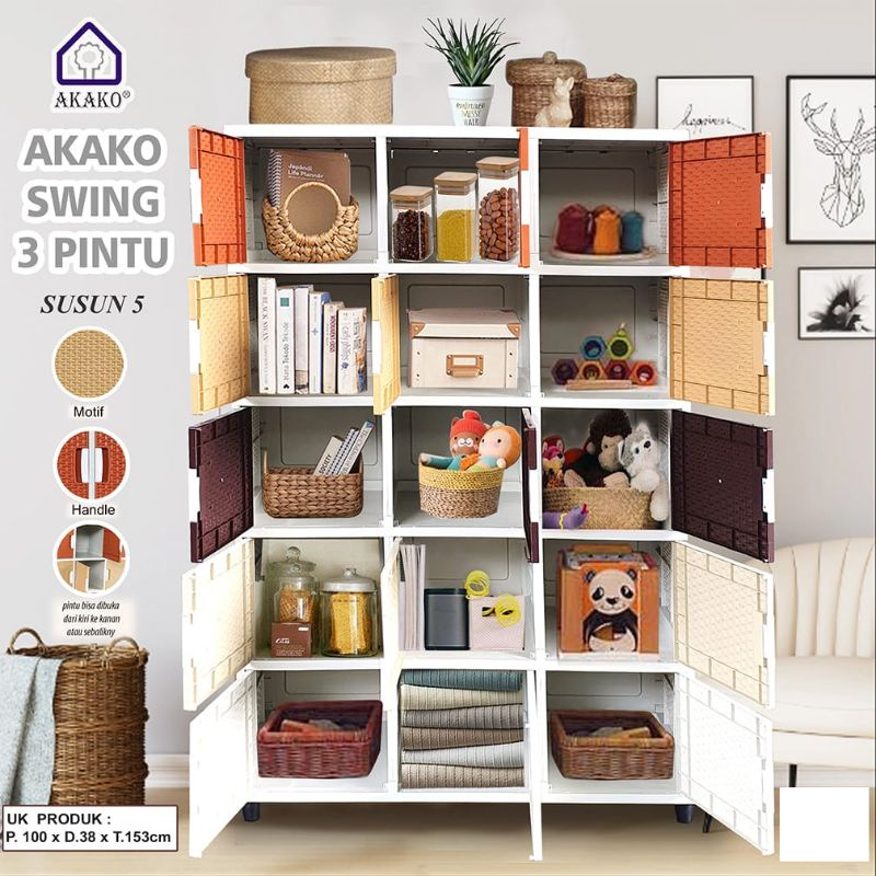 AKAKO - Lemari Plastik SWING 3 Pintu Susun 5 Motif Rotan