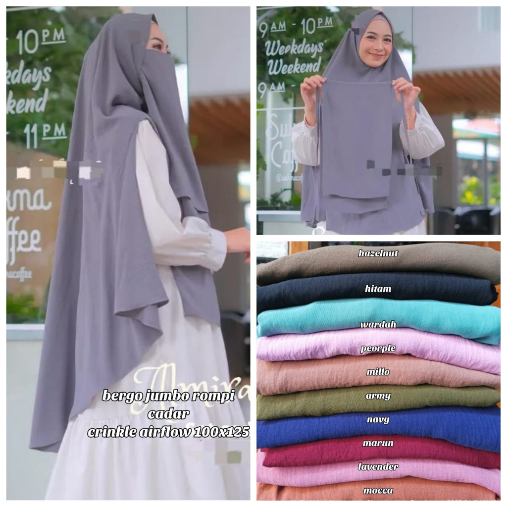 KERUDUNG BERGO JILBAB INSTAN CRINGKEL AIRFLOW ROMPI CADAR TALI