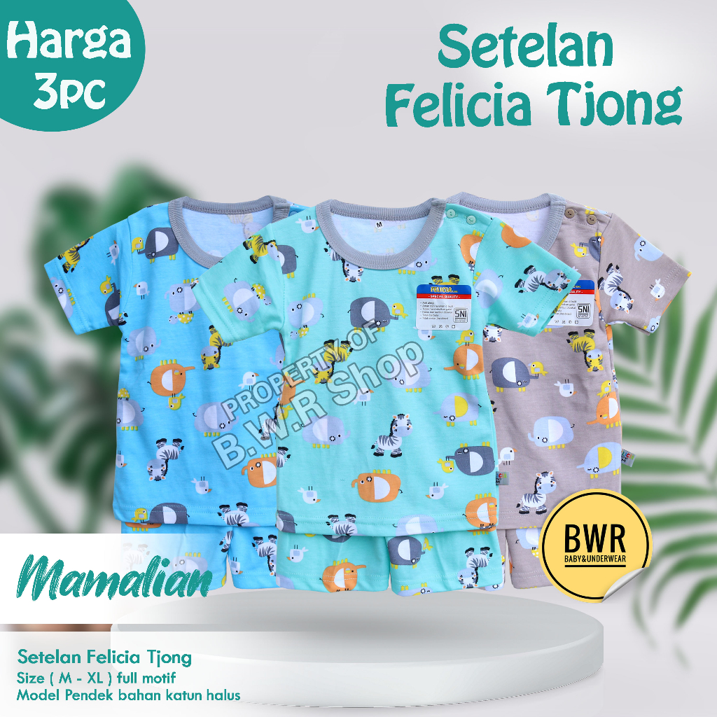 PROMO!!! [ 3 stel ] Setelan anak PENDEK Felicia Tjong motif Mamalian baju anak usia 6 bln -3 tahun full motif Unisex | Bwr