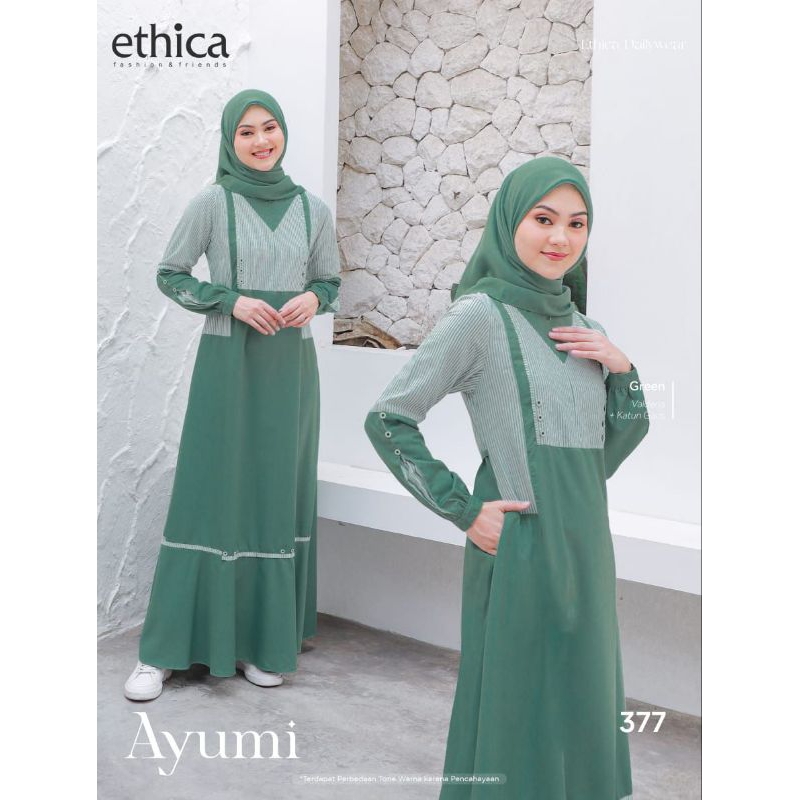 Ethica Gamis Ayumi 377 (Grey, Green) Gamis Premium Gamis Lebaran Gamis Muslimah