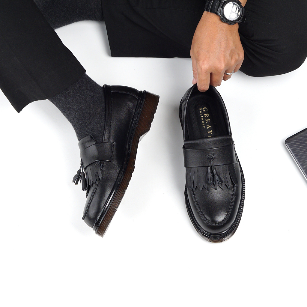 Sepatu Loafers Pria Kulit Asli Kerja Kantor Dinas Sekolah Formal Shoes Pantofel Cowok Laki Ori Greata Empire Black