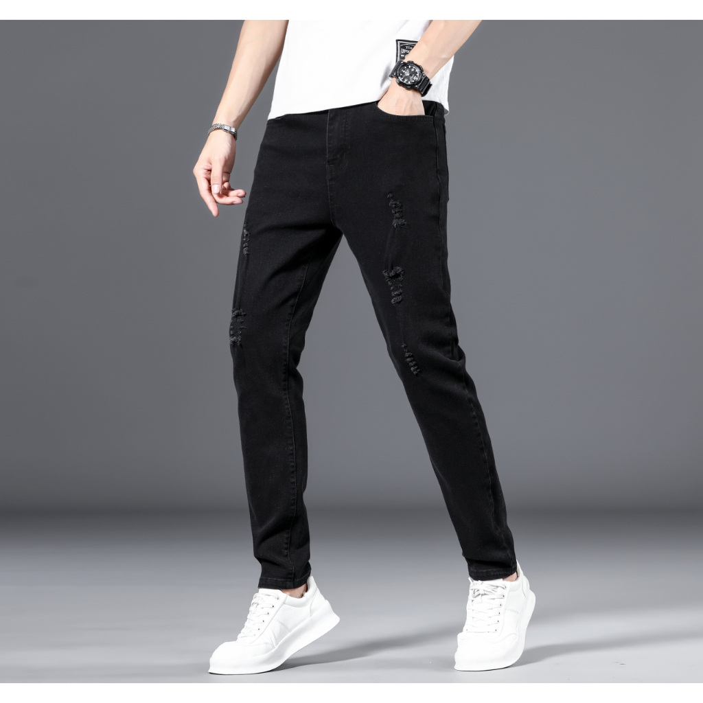 celana jeans pria hitam slim fit sobek stretch pensil  jeans laki laki dewasa  keren