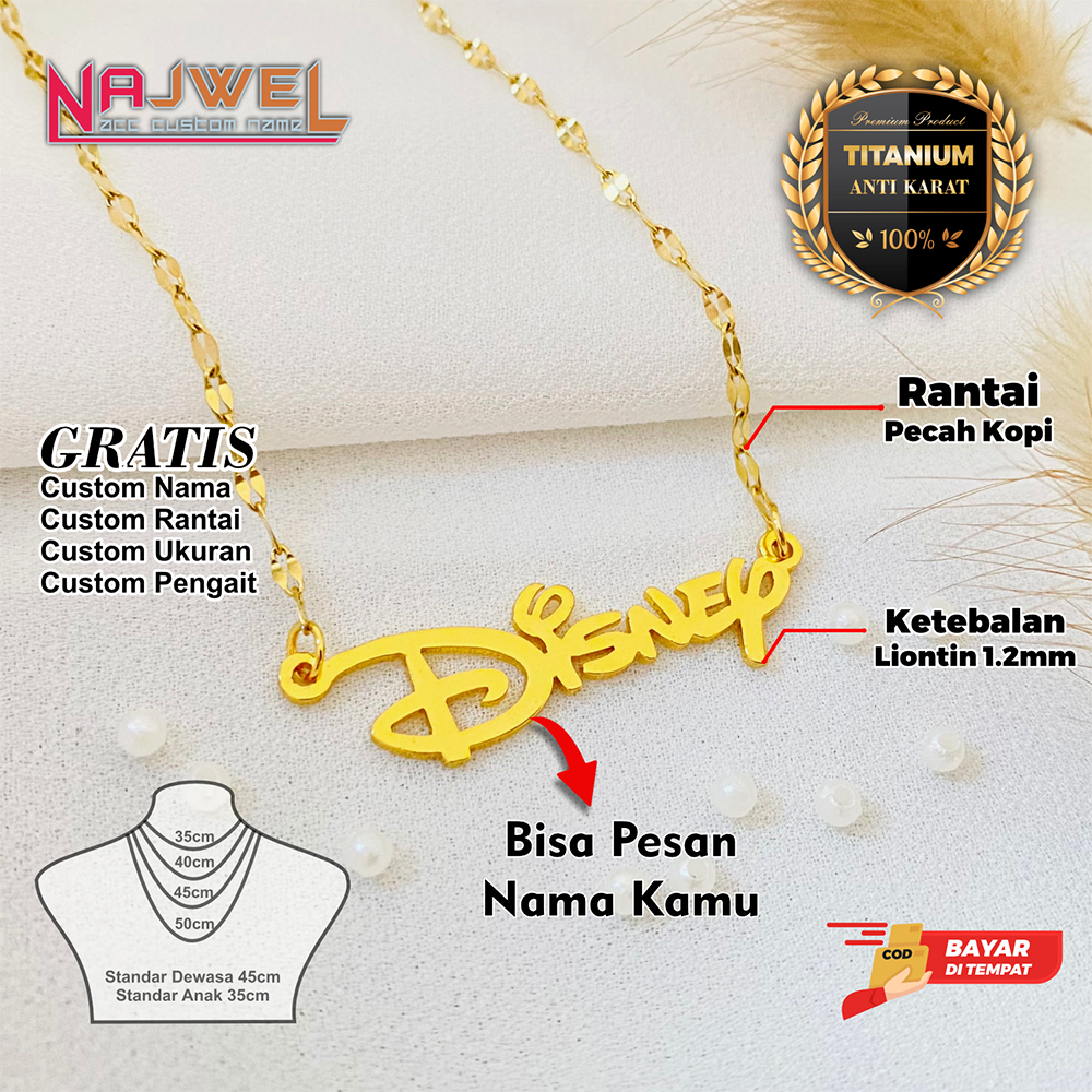 Kalung Custom Nama Anak-Dewasa Bahan Titanium Anti Karat Model Liontin D!sney Aksesoris Titanium Premium Rantai Pecah Kopi