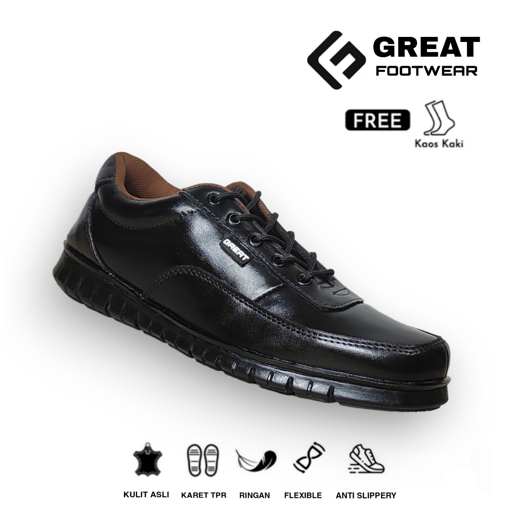 GREAT FOOTWEAR Sepatu Sneakers Pria Kulit Asli Sepatu Kerja Kantor Pria Sepatu Oxford Pria Kasual Formal Anti Licin Kozy Black