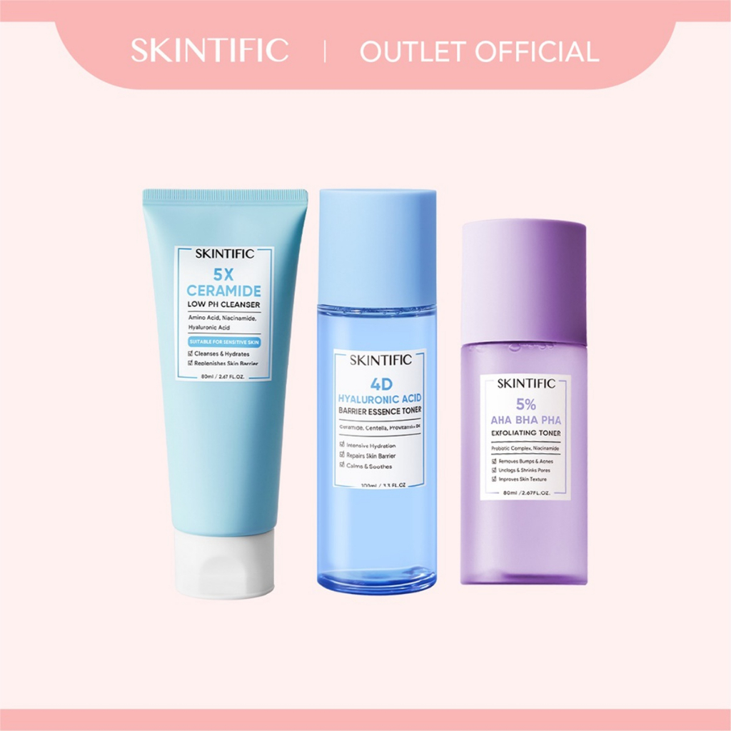 【Skintific Outlet Official】SKINTIFIC 5X Ceramide Low Ph Cleanser Gentle Cleanser For Sensitive Skin 80Ml  &amp; 4D Hyaluronic Acid (HA) Barrier Essence Toner Defeat Dryness In10S 100Ml &amp; 5% Aha Bha Pha Exfoliating Toner 【BPOM】