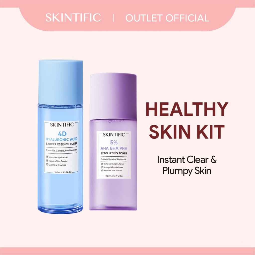 【Skintific Outlet Official】SKINTIFIC Healthy Skin Set - 4D Hyaluronic Acid ( HA ) Barrier Essence Toner 100Ml Toner Pelembab + 5% Aha Bha Pha Exfoliating Toner 【BPOM】