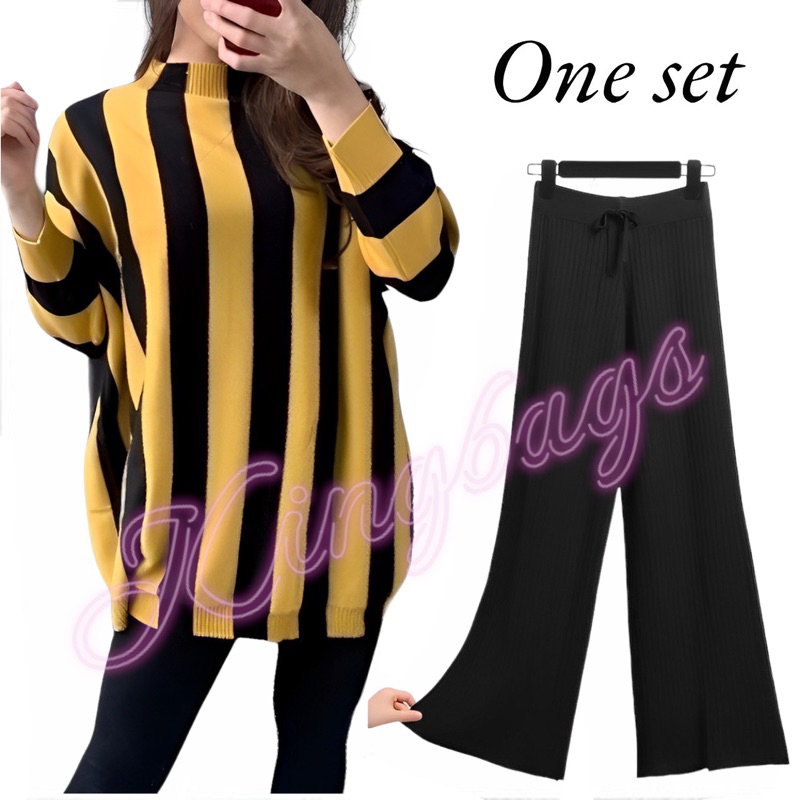 One Set Setelan Rajut Salur 2 pcs Blouse Kulot Panjang