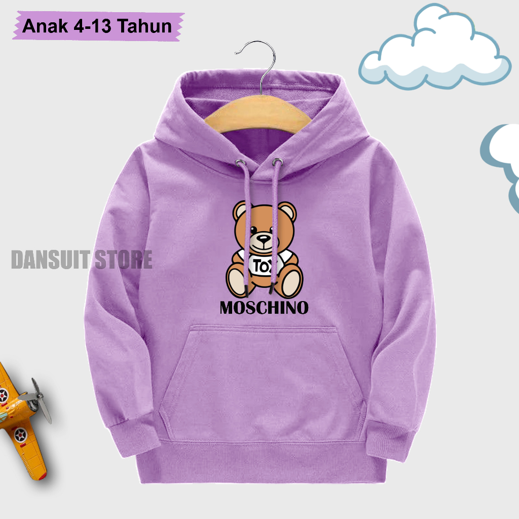 Sweater Hoodie Anak Perempuan Usia 4-13 Tahun Motif Sablon MOSCHINO Warna Pastel Bahan Tebal Premium