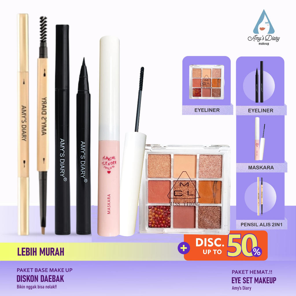 [PAKET HEMAT] Amy's Diary BPOM Eye Makeup Set Eyeshadow Eyebrow Gold Eyeliner Maskara Waterproof 4 In 1