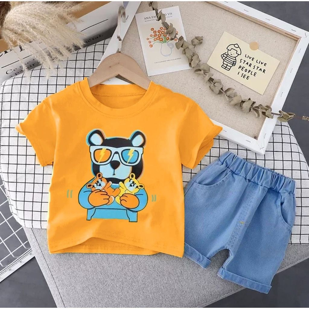 SETELAN KAOS DAN CELANA JEANS PENDEK ANAK LAKI LAKI IMPORT 1-5 TAHUN MOTIF HEWAN DENIM/ SET OUTFIT PAKAIAN ANAK KEKINIAN