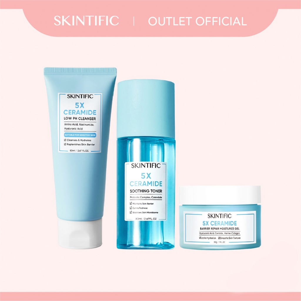 【Skintific Outlet Official】SKINTIFIC  5X Ceramide Low pH Cleanser Gentle Cleanser 80Ml Sabun Cuci Muka Pembersih Face Wash &amp; 5X Ceramide Barrier  Moisturize Gel Moisturizer 30G Pelembab Wajah &amp;  5X Ceramide Soothing Toner 80ml