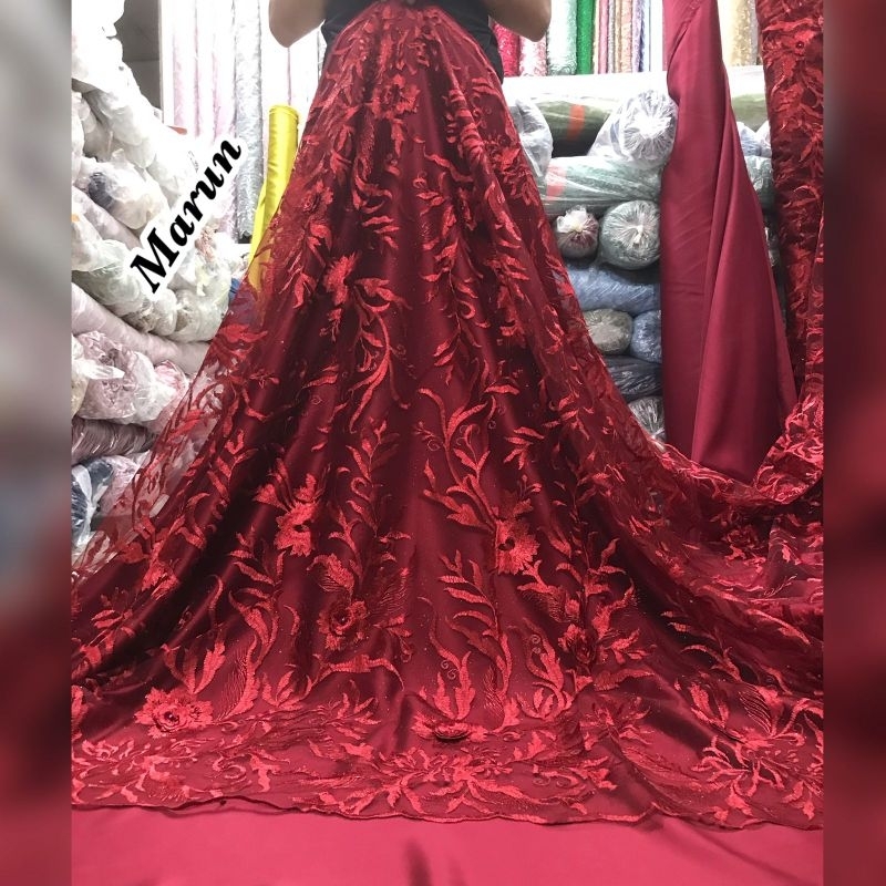 MURAH Kain bahan tile 3d mutiara/Bahan kebaya brokat tulle(3D NEW BUNGA Timbul)