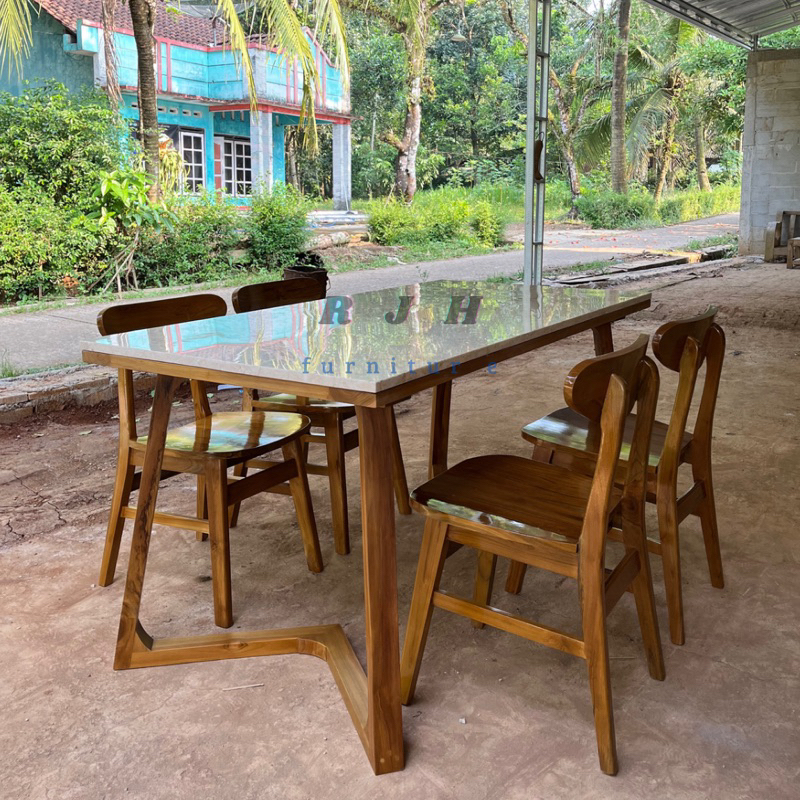 MEJA MAKAN MARMER ASLI CREAM || DINING SET MARMER 160x80cm || DINNING SET ROPAN MEJA MARMER || KURSI