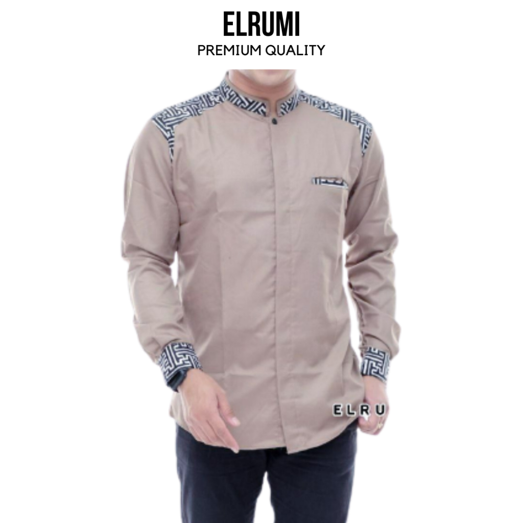 Baju Koko Pria Lengan Panjang Kombinasi Batik Motif Araseo Warna Coklat Bahan Katun Toyobo