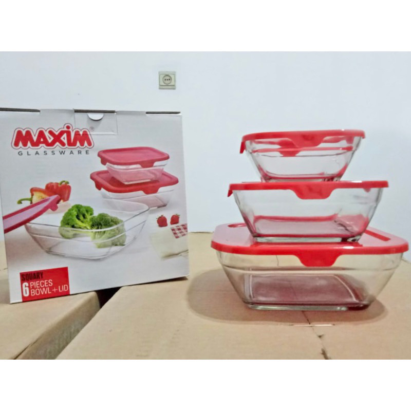 set mangkok kaca segi maxim + tutup / 1set 3ukuran