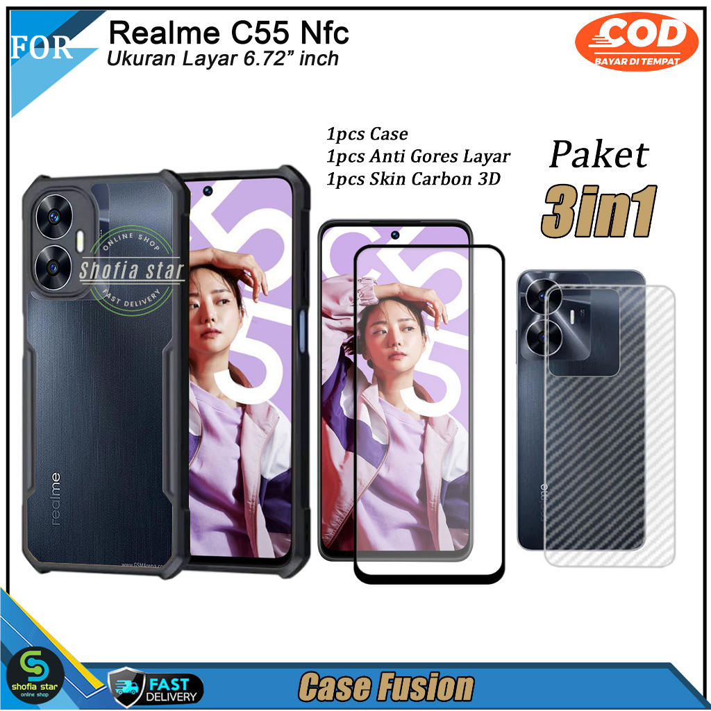 PAKET 3in1 Case Realme C55 NFC C53 NFC Soft Case Fusion Shockproof Transparan Casing