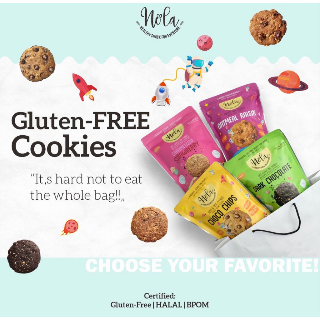 NOLA Cookies 75g - Gluten Free - Choco Chips / Dark Chocolate / Strawberry / Oatmeal Raisin - Bebas Gluten