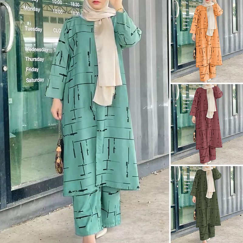 ZANZEA Women Muslim Print Back Neck Water Drop Long Sleeve Side Slit Pocket Sets