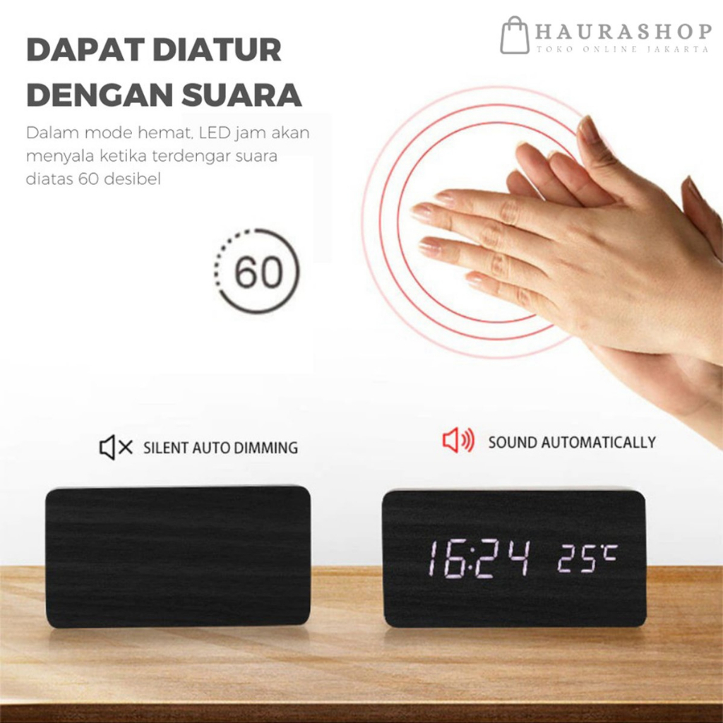 Jam Meja Kayu Digital LED Alarm Smart Clock Date Wood Temperature