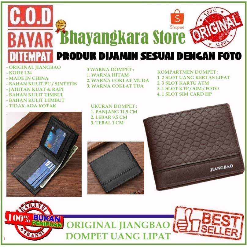 IMPOR ORIGINAL JIANGBAO L34 DOMPET LIPAT BIFOLD UANG TEBAL MOTIF KEREN BAHAN SINTETIS