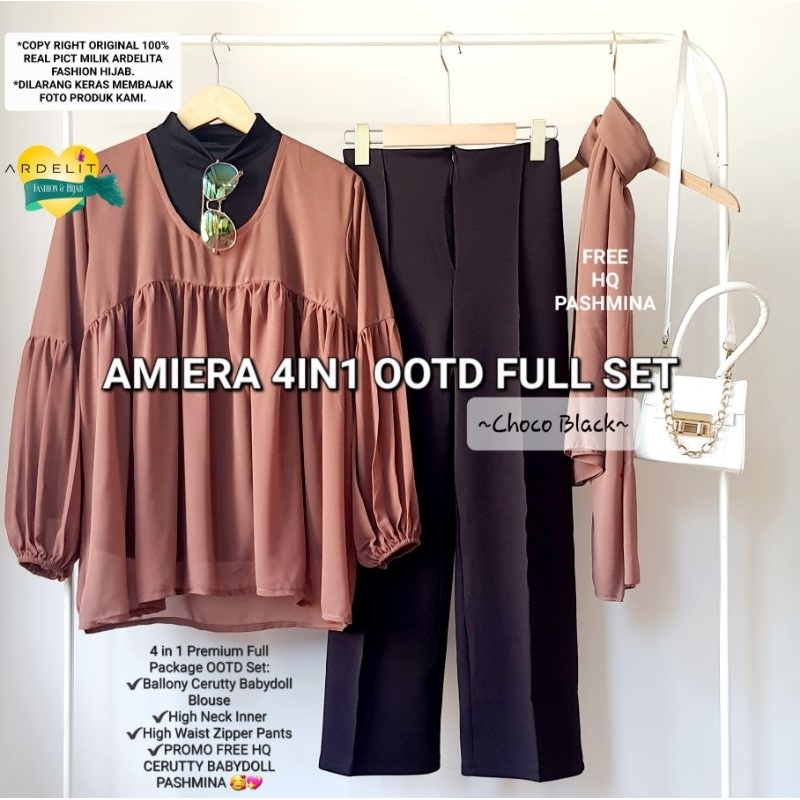 ❤️PROMO GRATIS PASHMINA❤️ AMIERA 4IN1 CHOCO BLACK PREMIUM OOTD SET | ONE SET WANITA KEKINIAN | SETCEL PREMIUM | PAKET HEMAT LENGKAP PREMIUM PRAKTIS SIAP PAKAI | RACUN SHOPEE | SHOPEE HAUL BAJU OOTD WANITA HIJAB | BAJU WANITA TERBARU 2023 MURAH BY ARDELITA