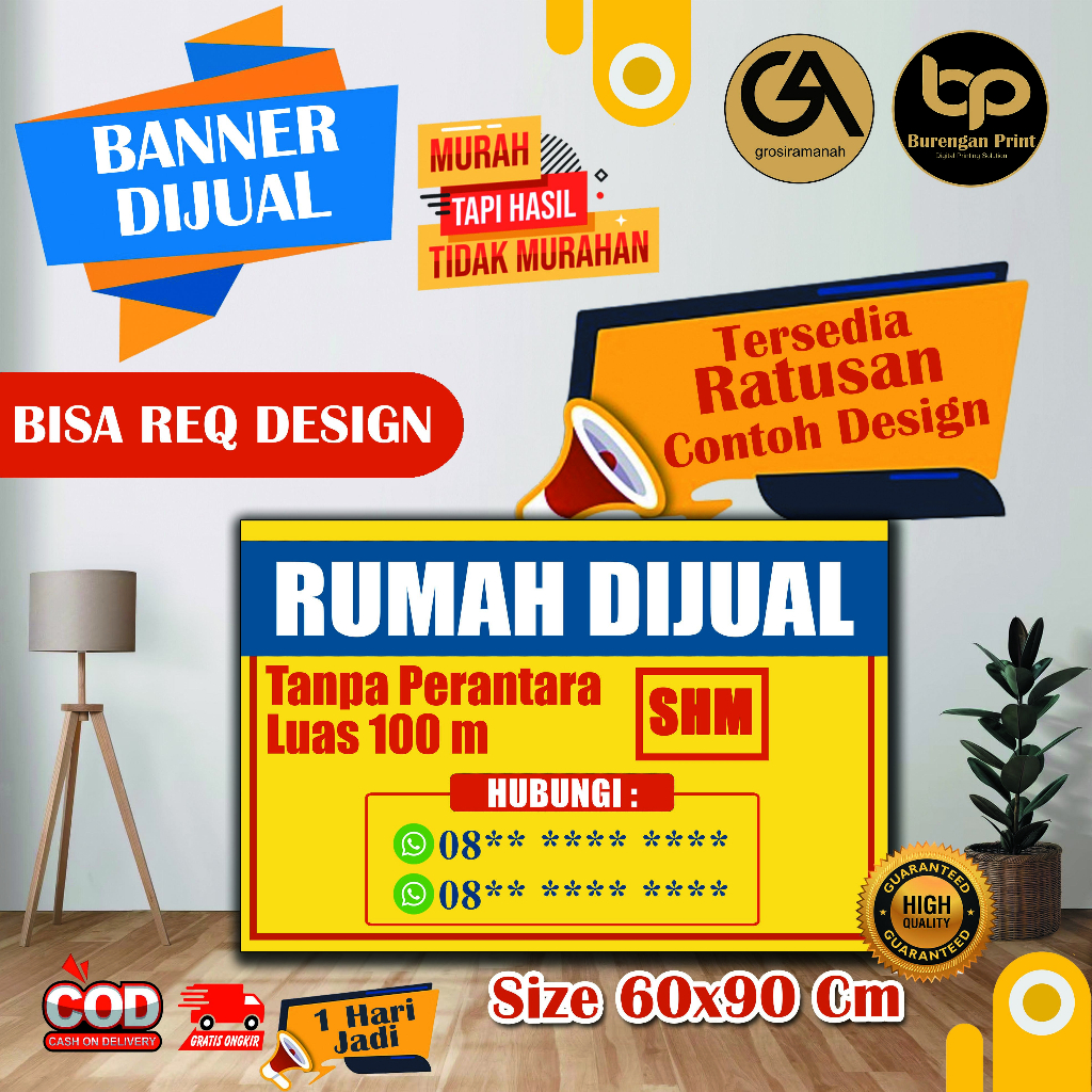 banner dikontrakkan spanduk rumah ukuran 60x90 cm rumah  free design 1 jam jadi