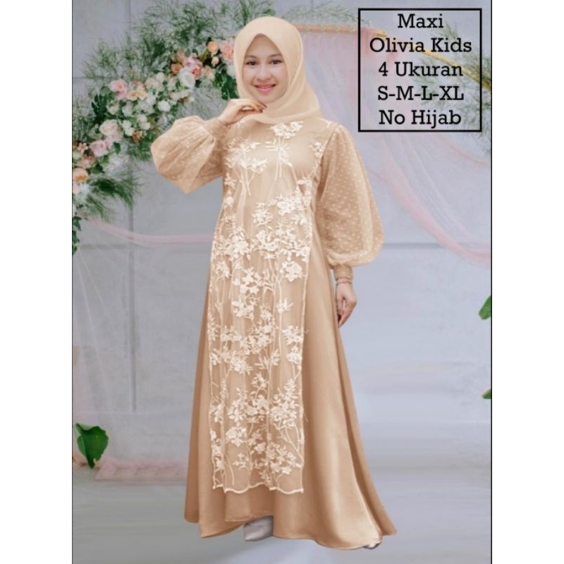 Pakaian Muslim Anak Wanita Dan Remaja Abg Perempuan Terbaru Kekinian Viral/Maxi Olivia Kids 4 Ukuran S-M-L-XL/Matt Moscrepe Mix Brokat Mutiara Dan Tille Onde