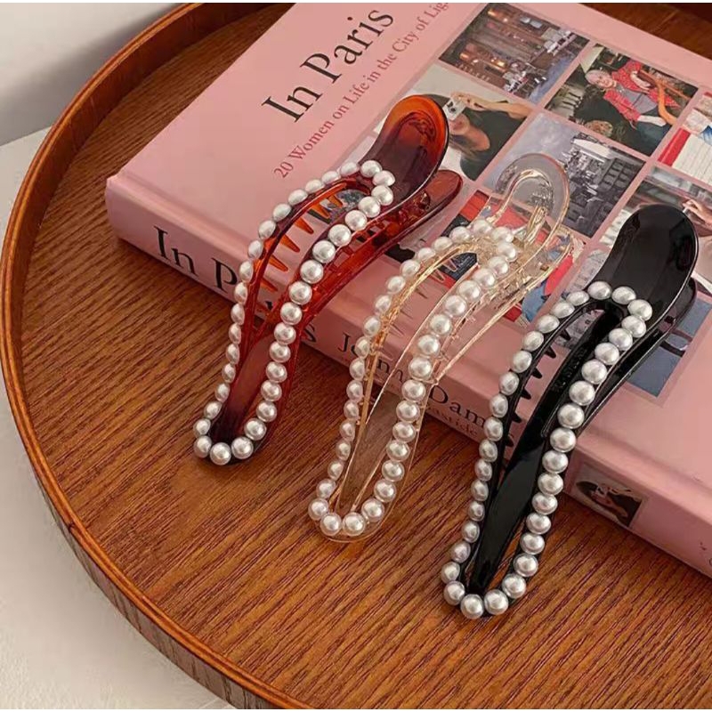 Jedai Bebek Pita Mutiara Bolong 11cm Jepit Rambut Mutiara Duckbill Side Slide Flat Oval Hair Clip