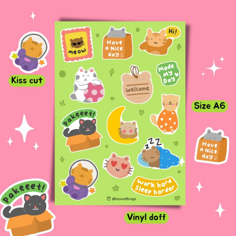 

Sticker journaling Stiker sheet lucu kucing vinyl doff aesthetic estetik jurnal animal cat kucing hijau stiker hp laptop scrapbook handbook DIY journal diary tumblr dekorasi planner lucu kiss cut tempel ATK stationery anak sekolah deco bujo korea kawai