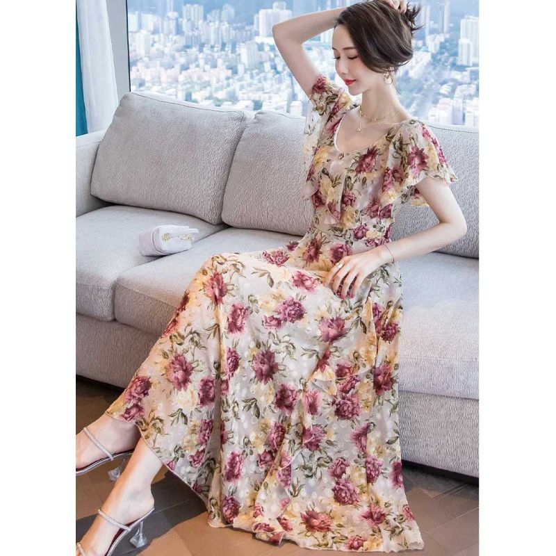 Dress wanita motif bunga cantik Korea lengan pendek elegant