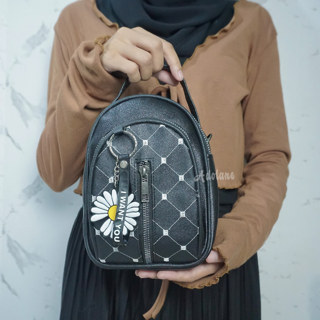 ADOLANE 203 TAS RANSEL 3 IN 1  BORDIR  KOTAK / TAS SLEMPANG WANITA / BACKPACK WANITA / BACKPACK FREE GANTUNGAN