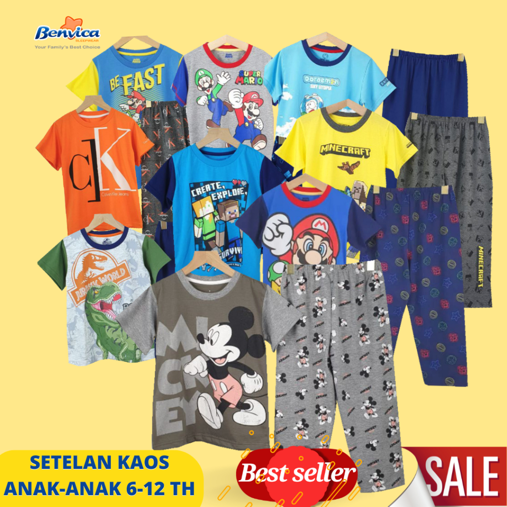 SETELAN ANAK LAKI LAKI USIA 6-12TAHUN BAJU TIDUR LENGAN PENDEK CELANA PANJANG  KAOS ADEM PREMIUM BAJU RUMAH KARAKTER