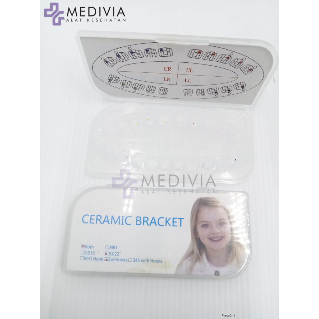 DENTAL BRACKET GIGI BEHEL GIGI MINI CERAMIC TRANSPARANT BENING CLEAR MESH BASE PREMIUM ROTH MBT HOOK 3 345 SLOT 022