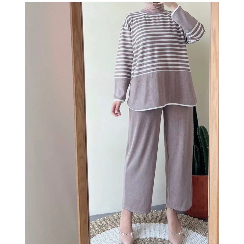 setcel kombinasi salur kaos knit premium setcel wanita setelan celana wanita jumbo oversize