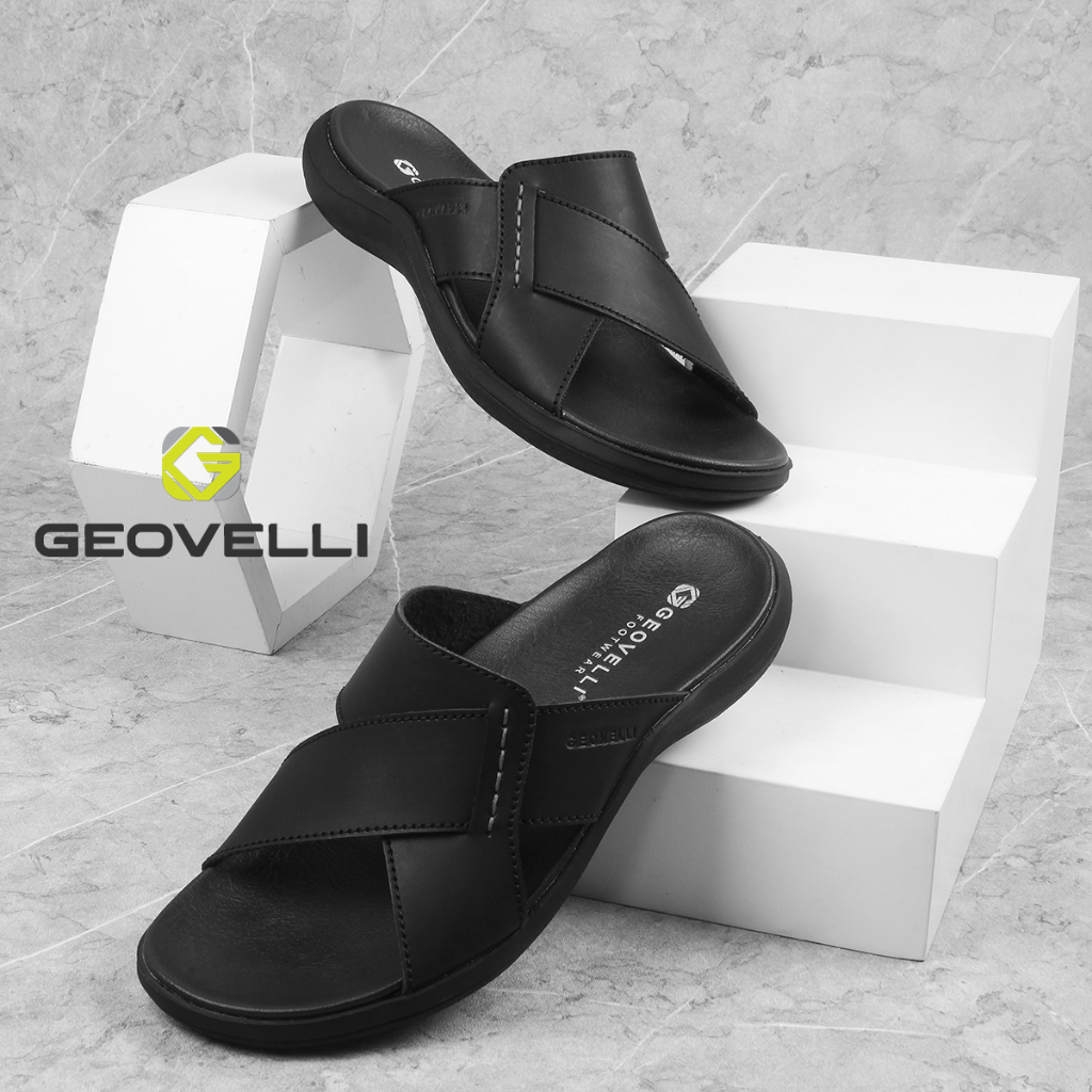 Sandal Pria Hitam Kekinian Geovelli Original Sendal Slide Pria Kualitas Lokal Premium - G-1986 Tan Black