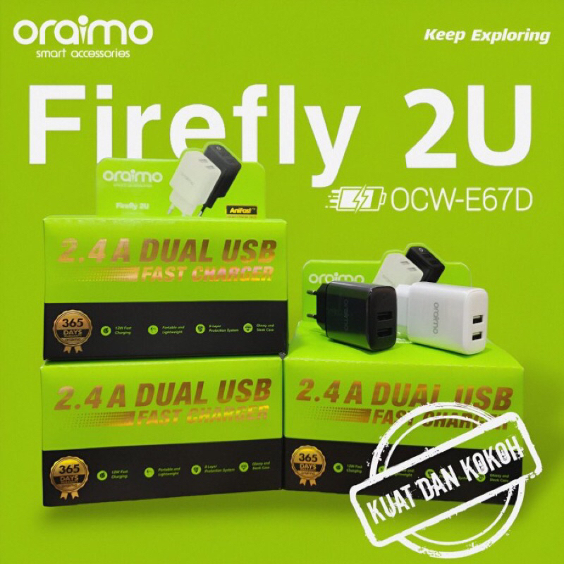 Oraimo Firefly 2U Kepala Charger Dual USB 2.4A 5V Fast Charge OCW E67d